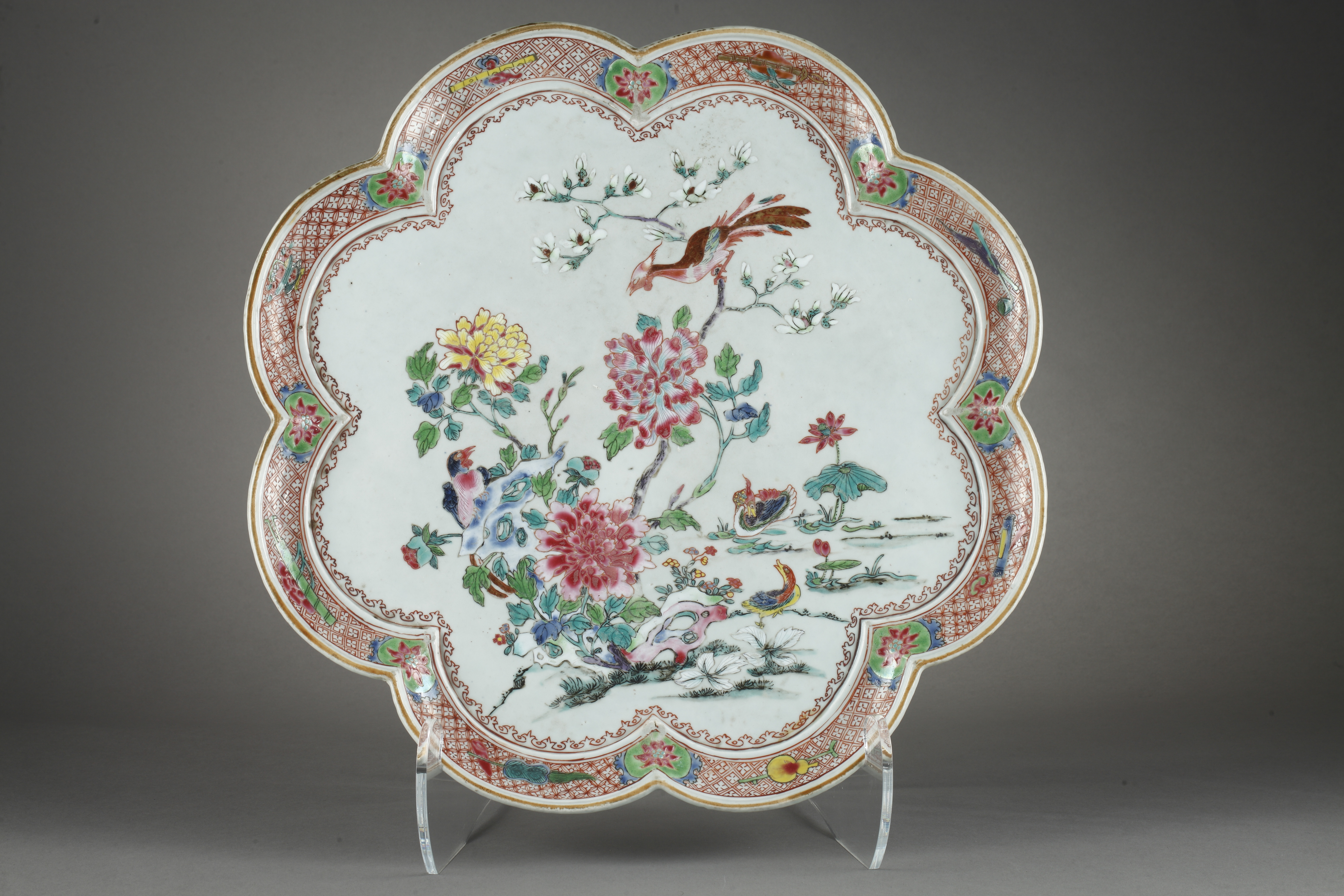 Rare large tray porcelain famille rose decorated flowers Mandarin Duck and birds